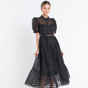 NWT English Factory Gridded Organza Tiered Maxi Dress, Size XS Black